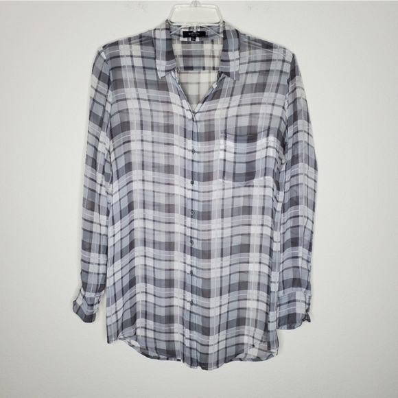 Aritzia Babaton Darien Gray Plaid Print Silk Button Front Long Sleeve Blouse Top - Picture 3 of 9